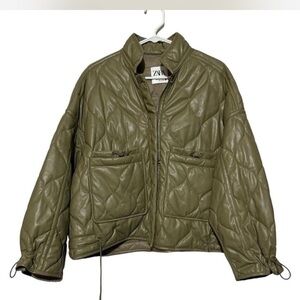 Zara Khaki Quilted Leather Jacket